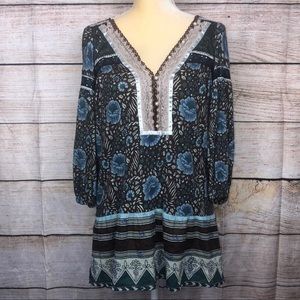 Free People XS button front tunic brown/blue/aqua